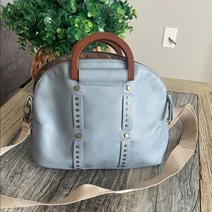 Women’s Light Blue Dome Satchel with Brown Handles